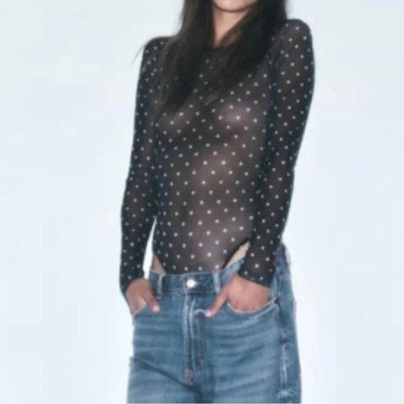 Zara Tops - NWT Zara Printed Tulle Bodysuit w/ Polka Dots sze L
